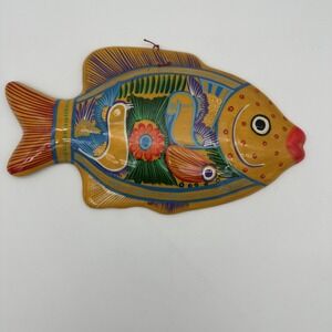 Talavera Mexican Folk Art Fish Pottery Sculpture Decor Hand Painted 12" Wide EUC